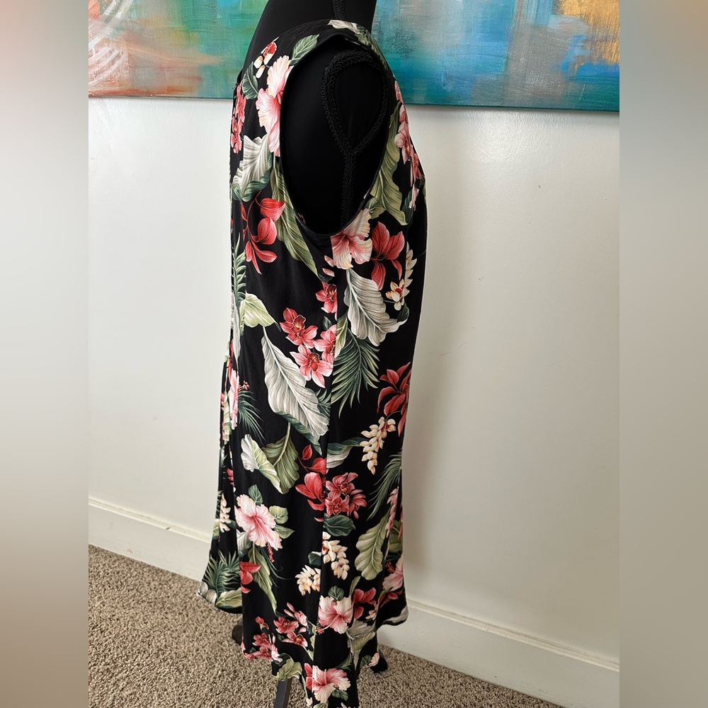 Young Hawaii Vintage Tropical Black Green Red Pink Floral Dress Made In Hawaii M - Picture 3 of 12